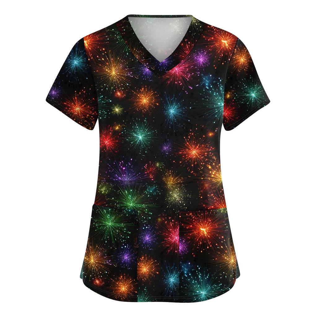 Women's Cute Printed Work Clothes V-neck Double Layer Pockets Basic Short Sleeve Top Pullover