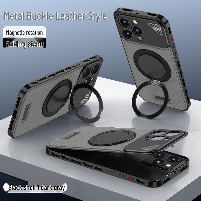 Aluminum Alloy Leather Buckle Phone Case with Rotating Stand for iPhone 16 Pro Max, Compatible with Apple 14