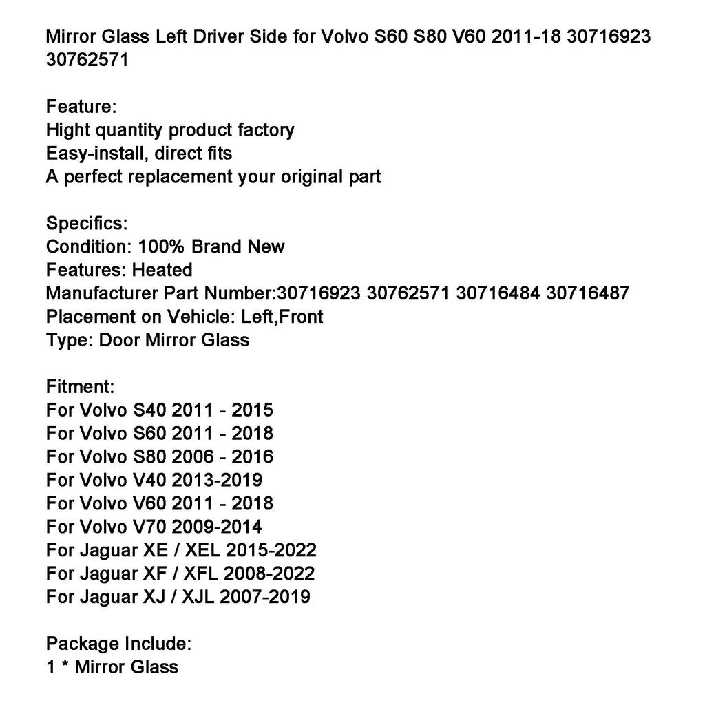 Szkło lusterka lewe strona kierowcy dla Volvo S60 S80 V60 2011-18 30716923 30762571
