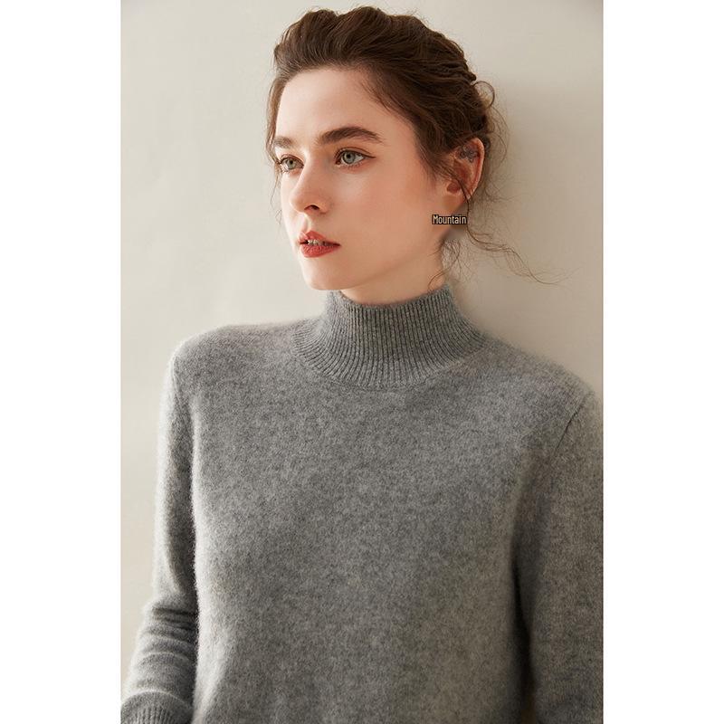 Women's Cashmere Half High Neck Slimming Solid Color Sweater for Autumn/Winter
