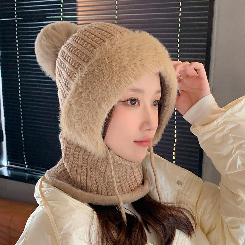 Winter Plush Knitted Hat Women's Mask Scarf Integrated Outdoor Cycling Plush Warm Ear Protection Hat Cold-proof Ski Hat