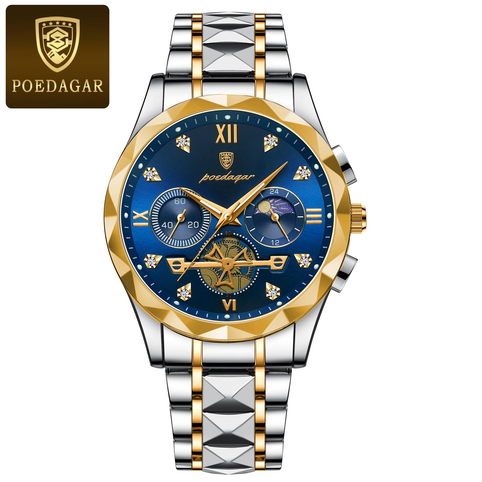 

POEDAGAR Luxury Man Wristwatch Chronograph Waterproof Luminous Watch Stainless Steel High Quality Sport Quartz Watches синий/золотой