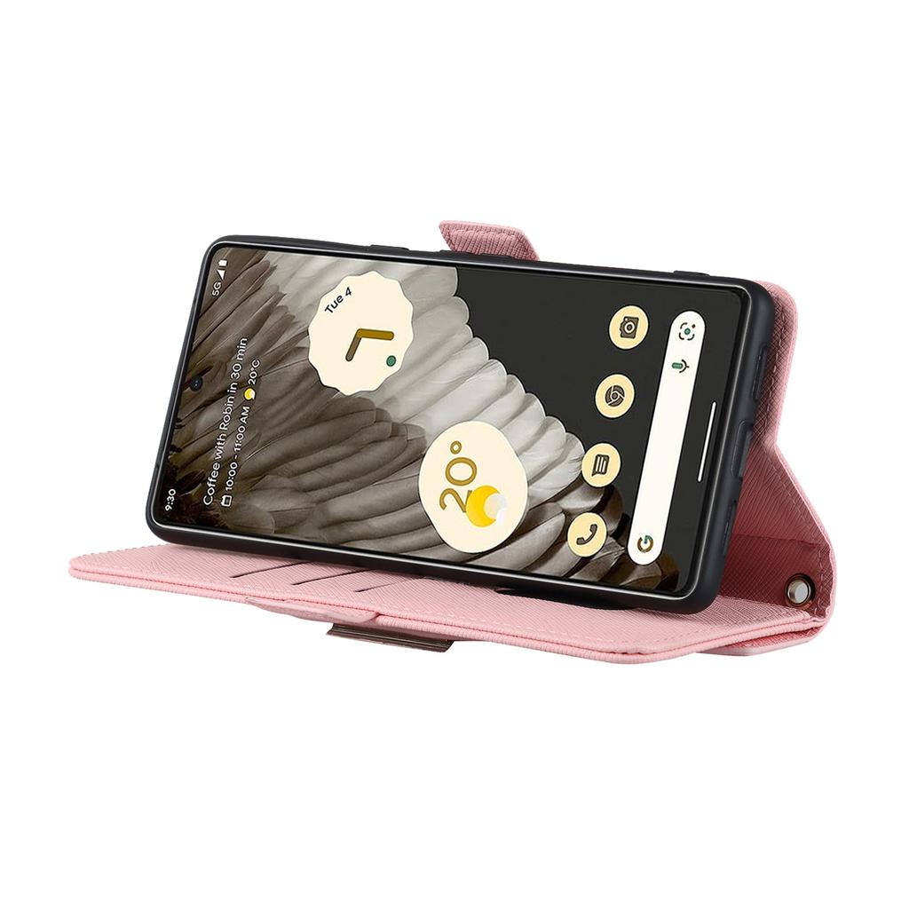For Google Pixel 7 Pro 5G Stand Case Cross Texture PU Leather Wallet Phone Cover with Shoulder Strap/Makeup Mirror
