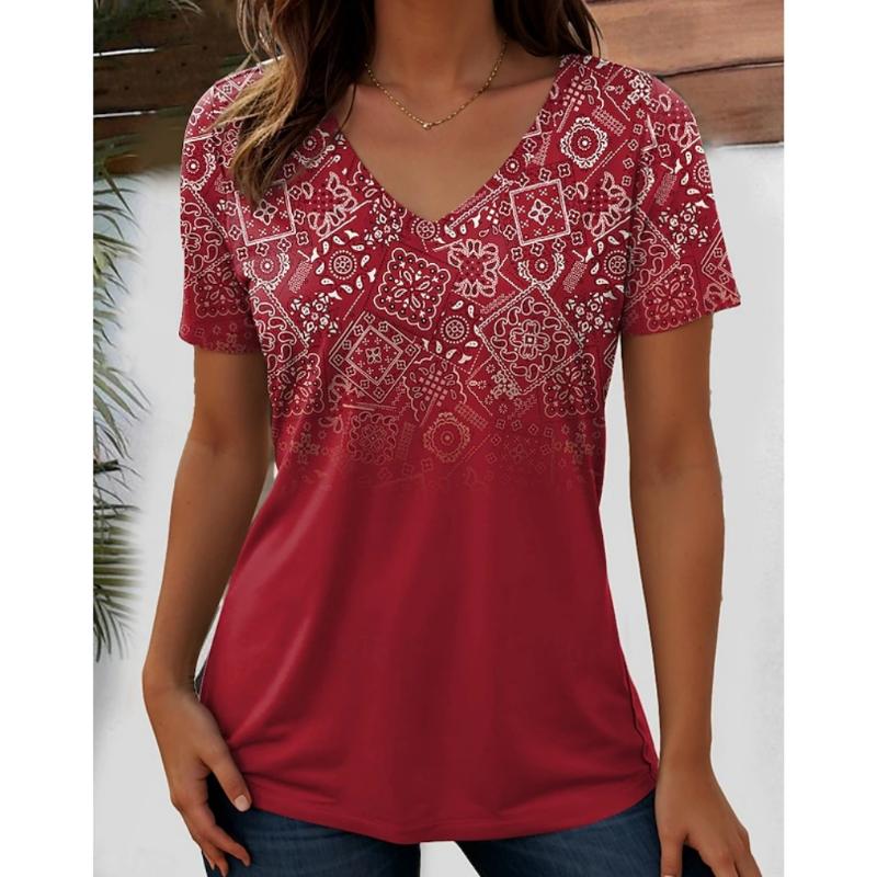 Harajuku Wind Ladies V-neck T-shirt Summer Outdoor Casual Short Sleeve Tops Retro Street Flower Print OverSize Women's Clothing