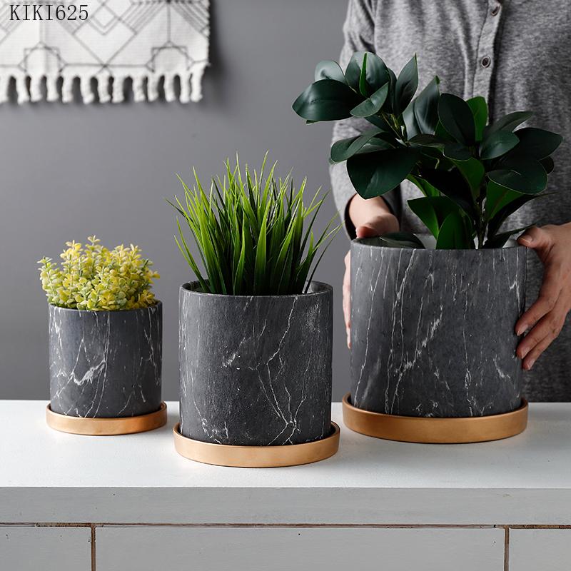 European Style Marbled Cylindrical Ceramic Flowerpot with Golden Tray Household Succulents Potted Gardening Garden Decoration