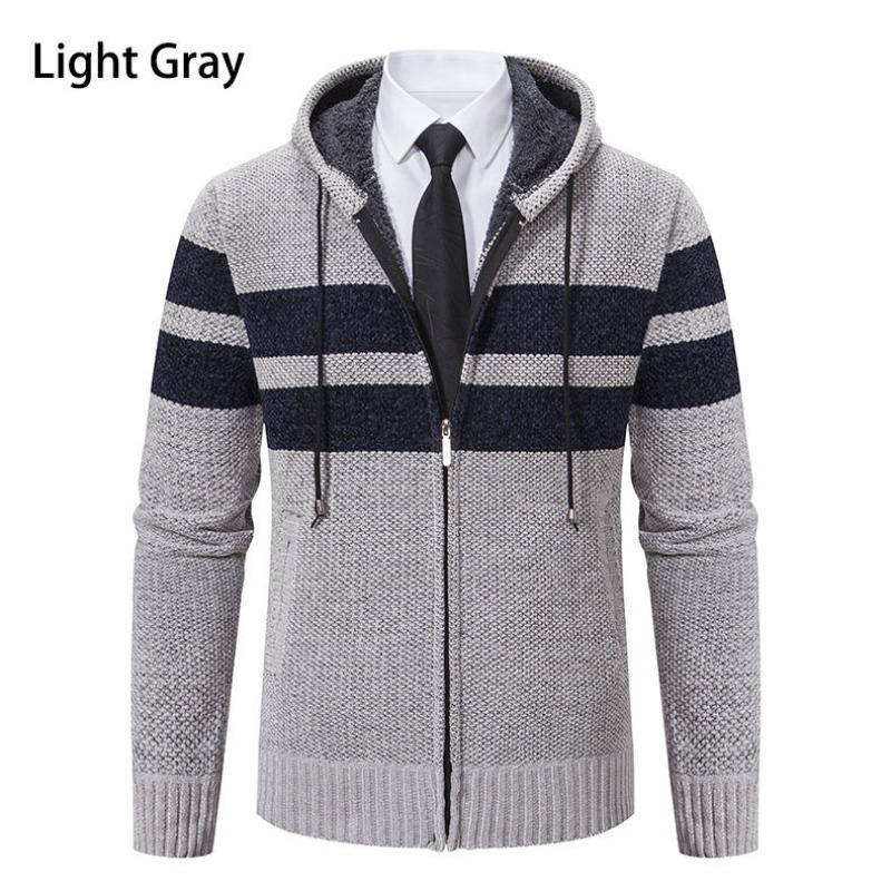 Men's Fall Winter New Fleece Lined Thick Hooded Knit Cardigan, Casual Sweater Outerwear