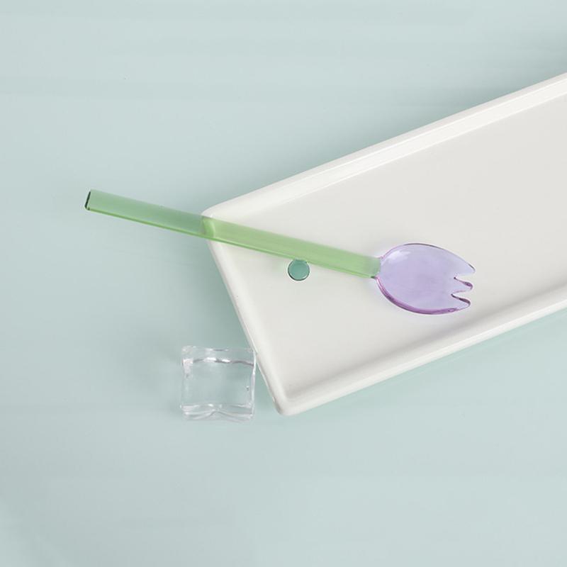 Cucchiaio di Vetro con Manico Lungo Cucchiaio da Dessert in Vetro Trasparente Creativo a Forma di Fiore Colorato Cucchiaio Agitatore per Caffè Bastoncino Bar