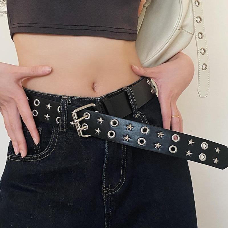 PU Leather Punk Waist Belt with Star Rivets And Double Buckles Holes For Daily Wear and Theme Occasion Dressingup Props