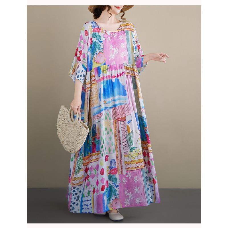 DIMANAF New 2026 Summer Beach Women Plus Size Fashion Lady Long Dress Loose Oversize Maxi Floral Print Cotton