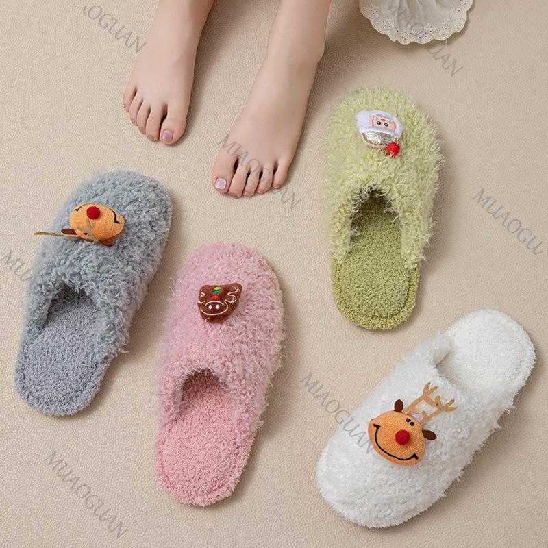 Fashion Women's Christmas Baotou Plush Slippers Women 2025 Autumn Winter New Indoor Cute Flat Bottom Comfortable Soft Sole Home Shoes
