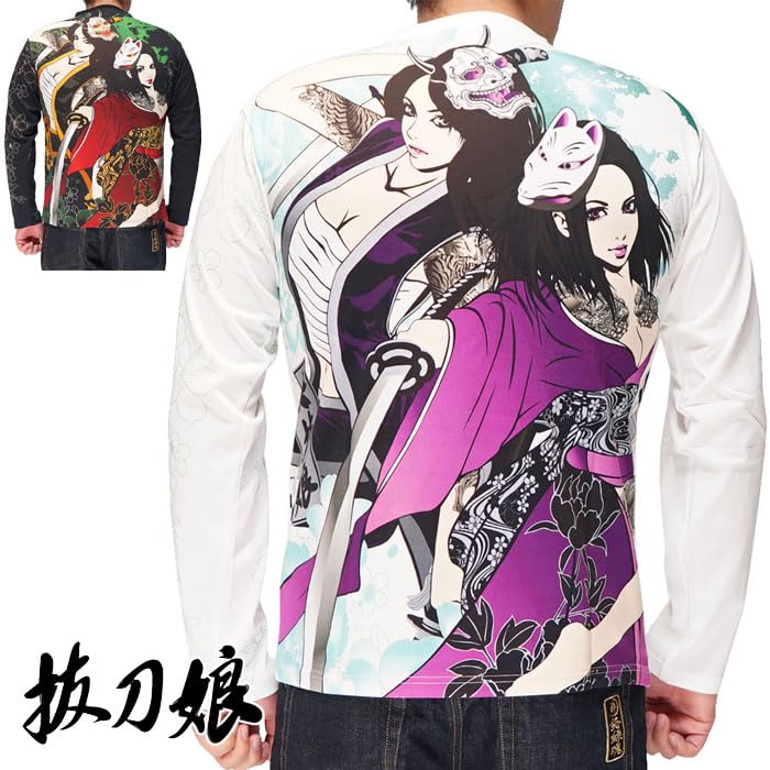 Battou Musume Karakuri Tamashii Japanese Pattern Long Sleeve T-Shirt, Beautiful Honoka, 2234866-20 Black-L