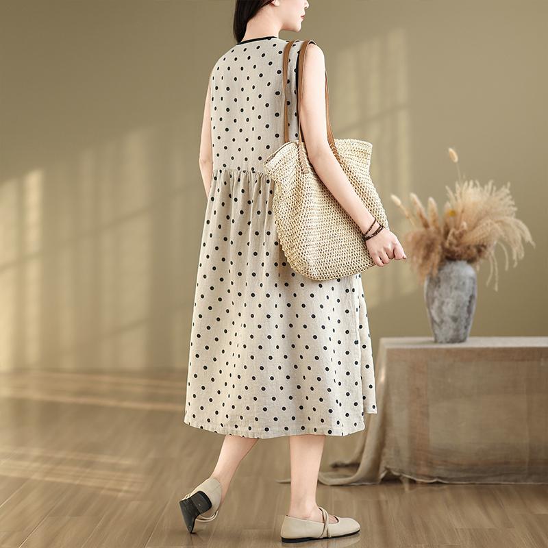 Sleeveless Plus Size Cotton Linen Vintage Dot New In Dresses for Women Casual Loose Long Summer Dress
