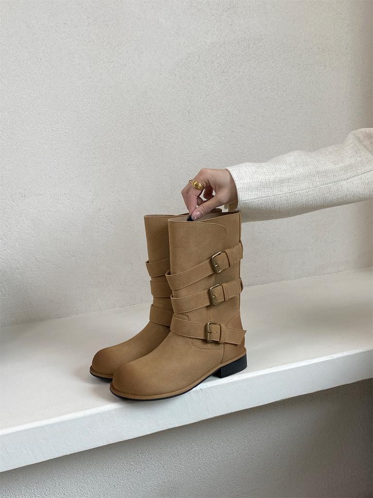 Coarse heel retro suede with skirt short boots Martin boots women's shoes 2025 spring and autumn single boots slim medium tube knight boots