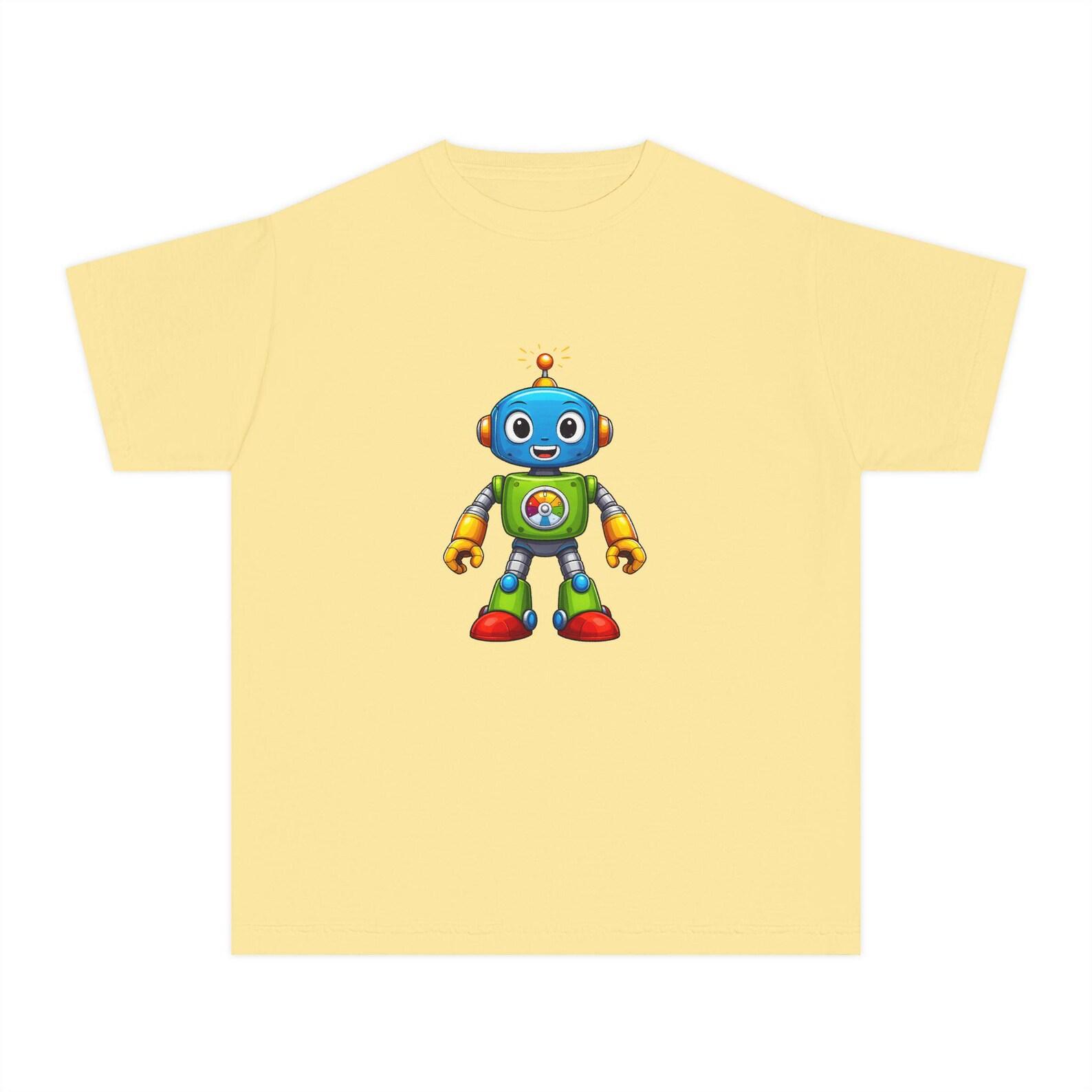 Colorful Cartoon Robot Youth Tee | Kids Robot Shirt, Playful Space Design 140