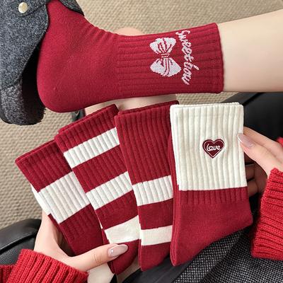 Socks Pure Cotton Tube Socks Embroidered Love Color Matching Stripes Cute Bow Ankela Red Stockings