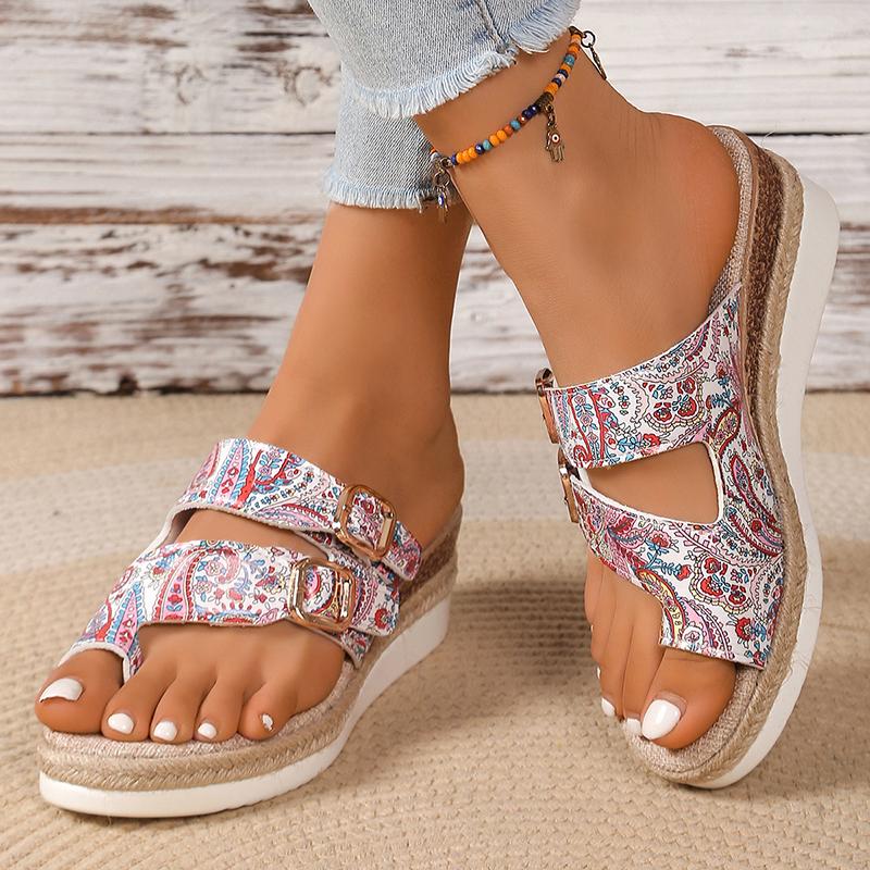 Fashion Printed Wedge Sandals for Women Ring Toe Double Buckle Platform Slippers Woman Summer Lightweight Non Slip Beach Sandals