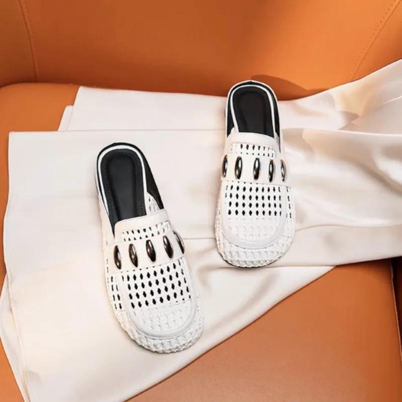 Fashion Women's Hollow Bow-top Slippers Summer New Round Head Deep Mouth Metal Buckle Soft Sole Non-slip Mid-heel Shoes