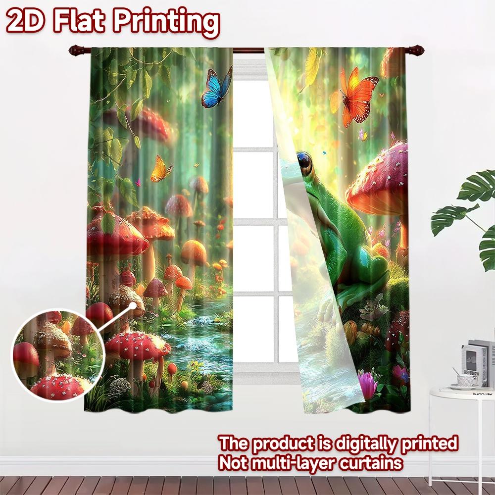 2D flat printing 2pcs Window Drapes Enchanted Forest Frog Stream Butterflies Digital Printed Polyester Drapes Seasonal Party &