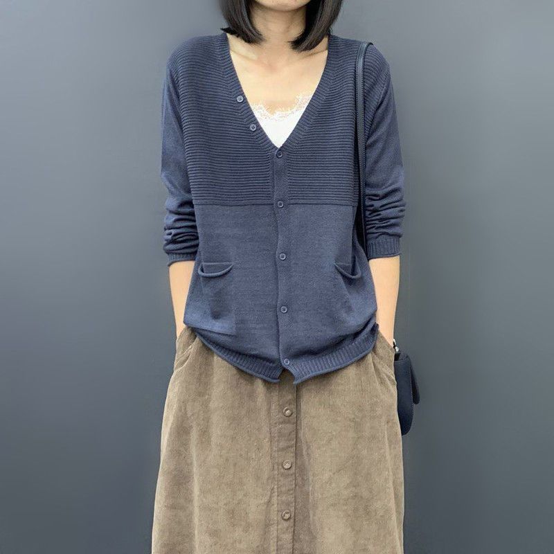 Large Size Knitted Cardigan Women's Autumn Loose Long Sleeved Top Spring Thin Solid Color Sweater Coat