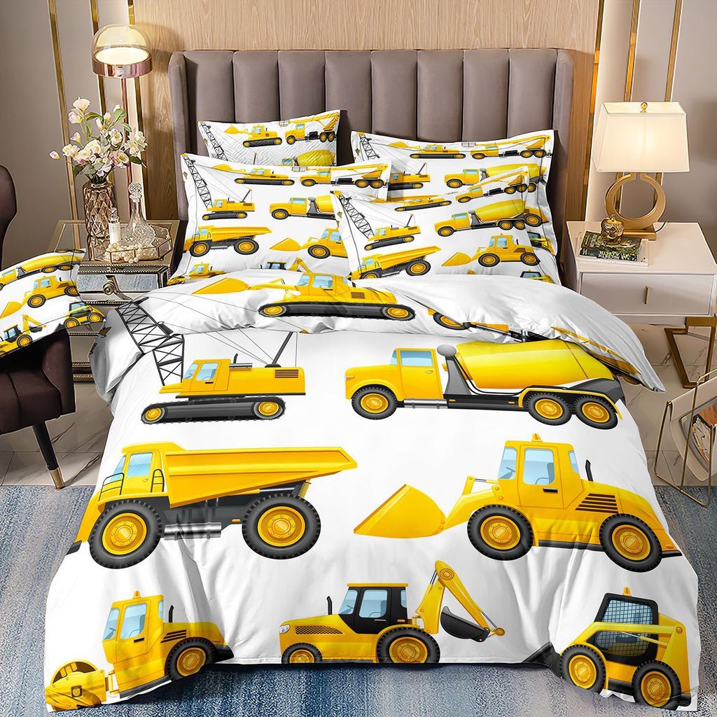 Construction Vehicle Excavator Truck Fire Truck 3D Digital Printing Bed Three-Piece Quilt Kit