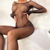 Sexy Hollow Fishnet Teddies Bodysuit Damen Erotische Dessous mit offenem Schritt Vollarm-Bodystockings Mesh Perspective Teddy Bodysuits