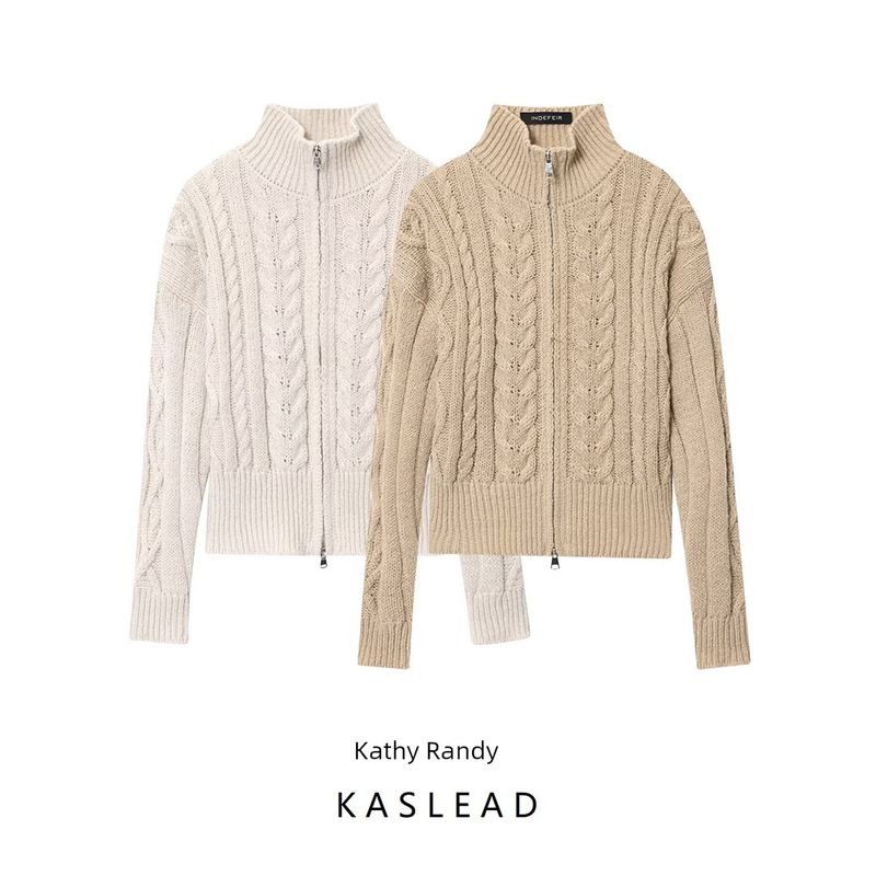 Kaslead New Women clothes Western Style Zip-up Advanced Stand Collar Twist Knit cardigan
