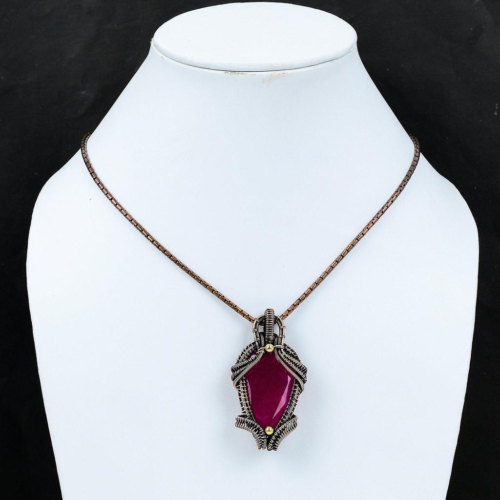 Lab-Created Ruby Gemstone Copper Wire Wrap Handmade Pendant Jewelry Gift For Love