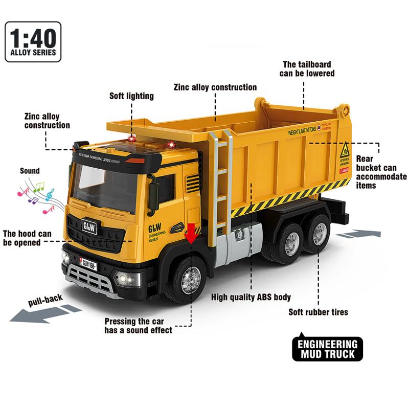 Dump Truck Alloy+Plastic Diecast Model Engineering Transport Play Vehicles Toys Sound Light Pull Back Collection Gift For Kids
