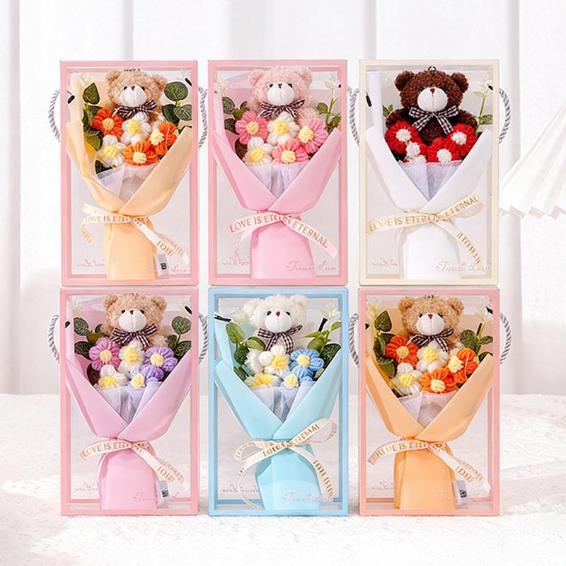 Knitted Flower Bouquet Hand-Woven Flower Cute Bear Bouquets For Mother'S Day Teacher' Day Birthday Graduation Gifts