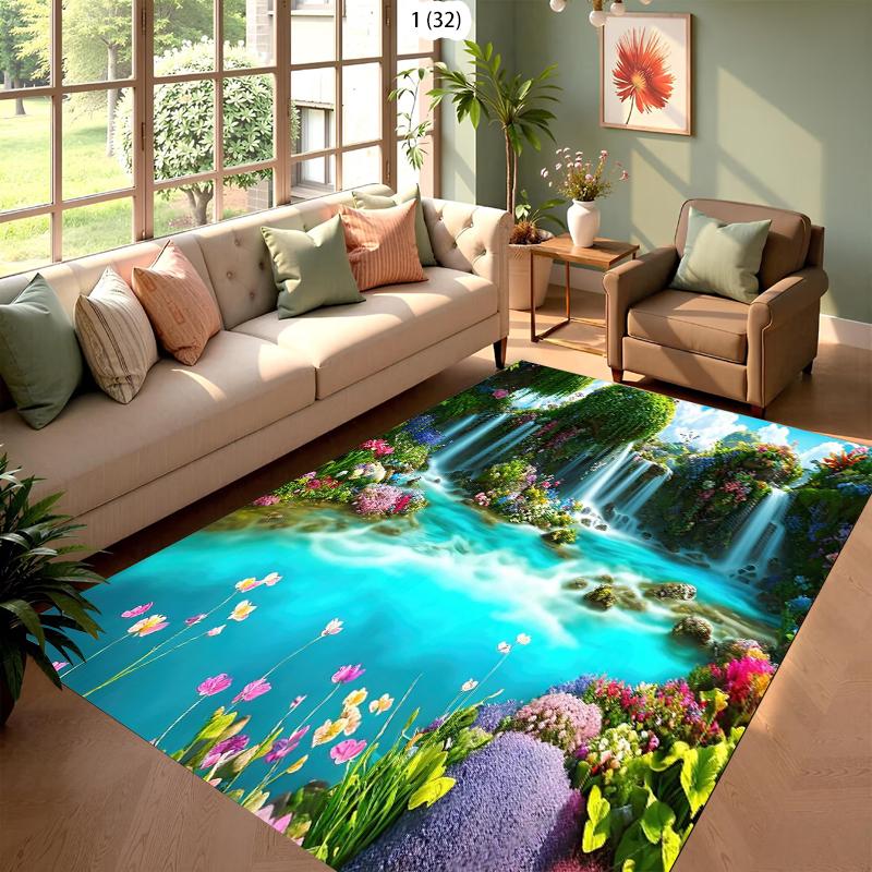 Carpet Tropical Fairy Valley Floral Waterfall Rug Carpet Mat Non-Slip for Living Room Bedroom Lush Home Decor