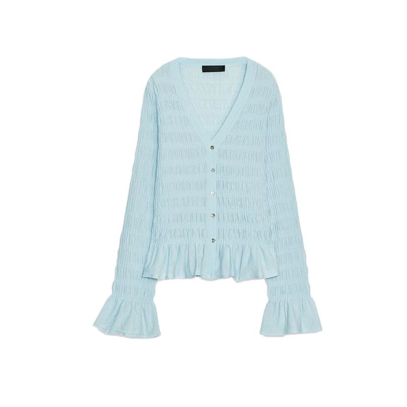 

Fall New Women s Clothing French Classic Style Laminated Trim Pleated V-neck Long Sleeve Knitted Coat 0014104 Light Blue L
