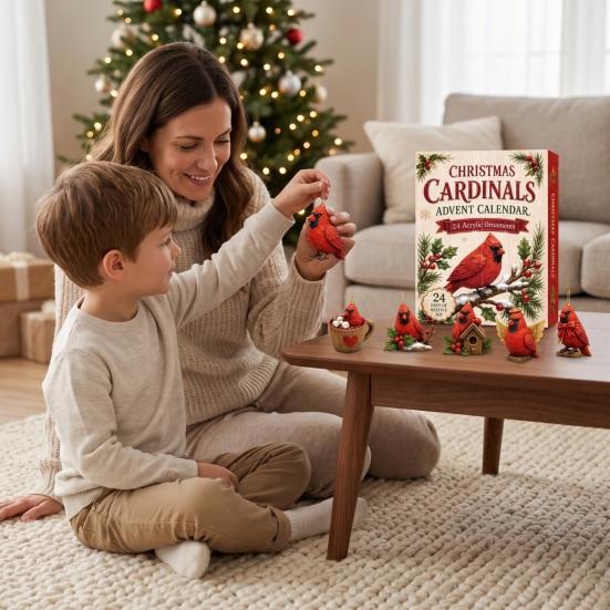 Advent Calendar for Kids Red Bird Calendar, 24-Day Christmas Countdown Set with Acrylic Ornament Collection Ornaments, 2D Tree Hanging Decor,