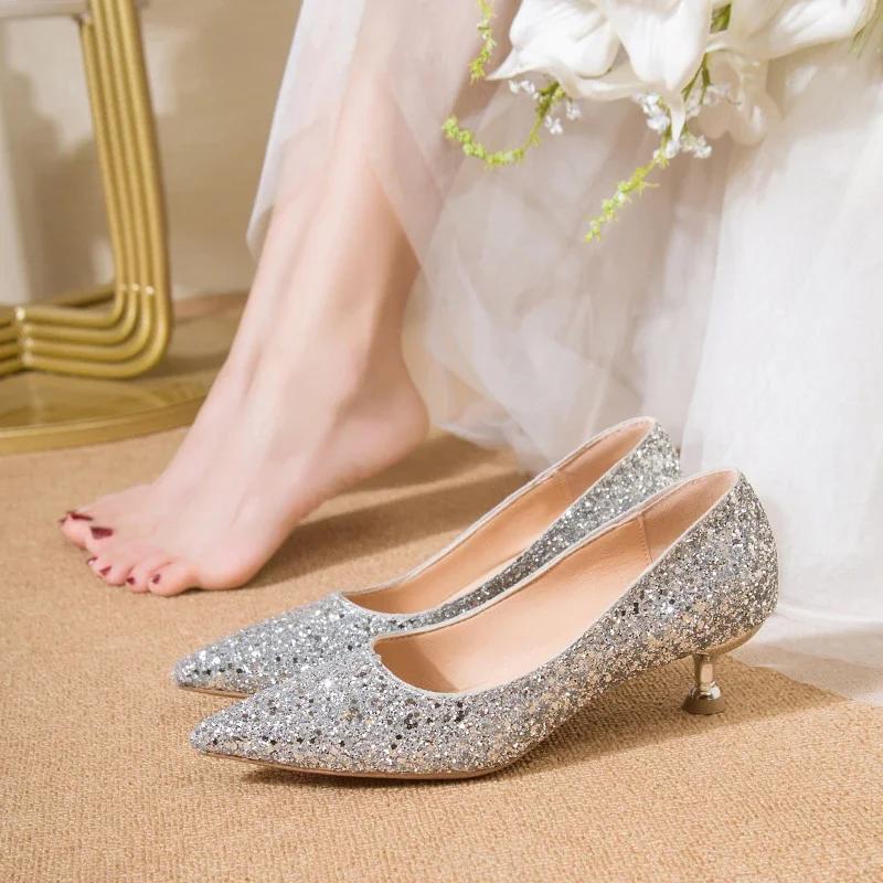 Fashion Elegant Woman Heeled Shoes Classics Bling Pointed Toe Women's Pumps Slip on Thin Heels Versatile Party Dress Wedding High Heels