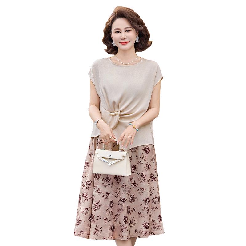 2026 Summer Stylish Chiffon Top & Floral Skirt Set for Middle-Aged & Elderly Women