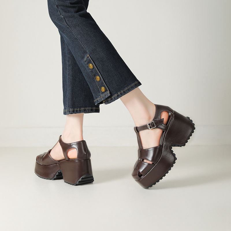 Krazing Pot Polyurethane Spring Summer Size 43 Size 42 Prints Women Platform Women Round Toe Buckle Straps Waterproof Sandals