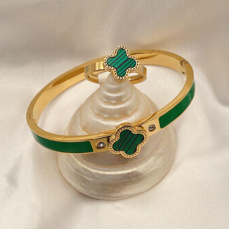 Four-Leaf Clover Bracelet & Ring Set: Titanium Steel, Oil Drip Diamond, Available In Black, White, Red, & Green