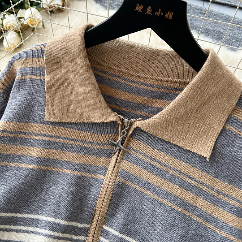 Toamnă Iarnă Pulover tricotat cu dungi Pantaloni Set două piese Jachetă cu fermoar Jachetă și pantaloni cu picioare largi Trening