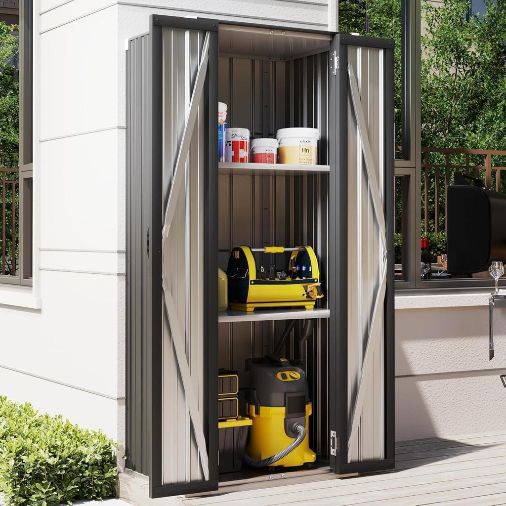 YODOLLA Tall Outdoor Garden Storage Cabinet with 3 Adjustable Shelves, Weatherproof Metal Cupboard for Garage Patio - Dark Grey