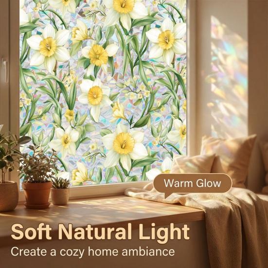Flower Stained Glass Window Film Lotus Morning Glory Floral Window Cling Removable Decorative Static Sticker UV Blocking Privacy Decals for Living
