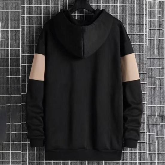Men Fall Winter Hoodie Contrast Color Drawstring Long Sleeves Hooded Elastic Cuff And Hem Thin Daily Wear Casual Sport Top