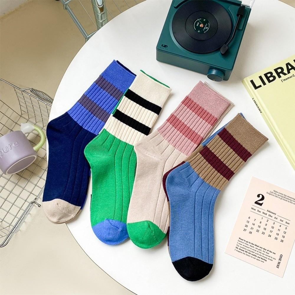 A Pair Stripes Mid Tube Socks Warm Womens Crew Socks Durable Cotton Socks  At All Seasons