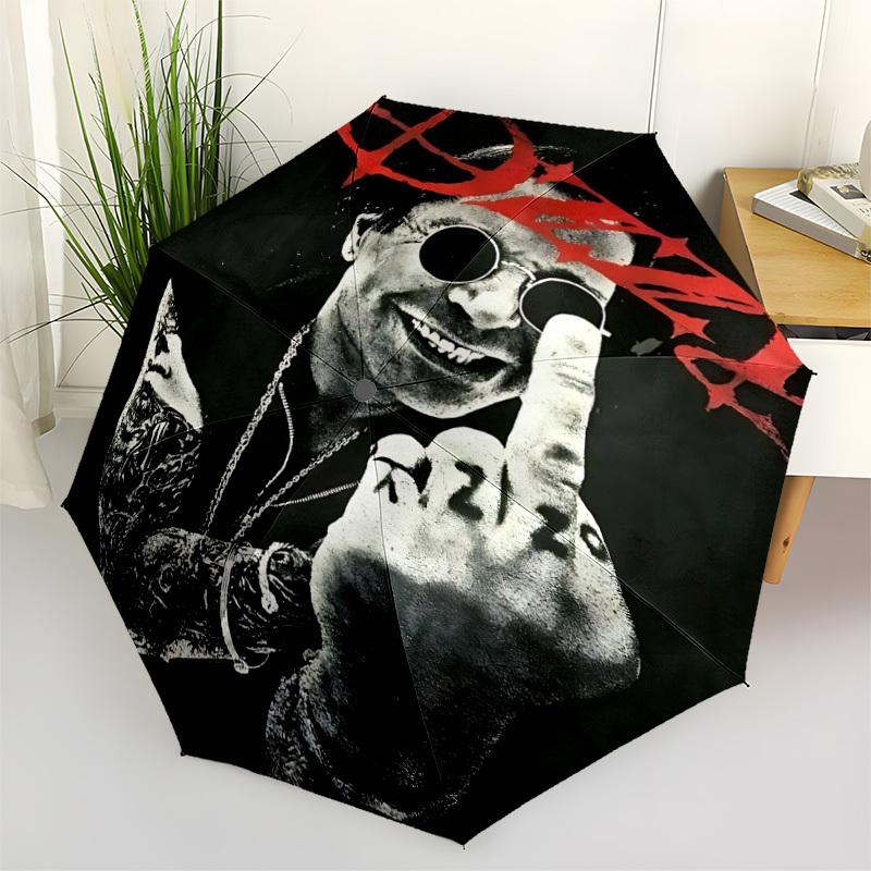 1pc Ozzy Osbourne Automatic Umbrella 8 Rib Portable Folding Black Iron Frame for Outdoor, Beach, Travel, Beach Umbrella 158