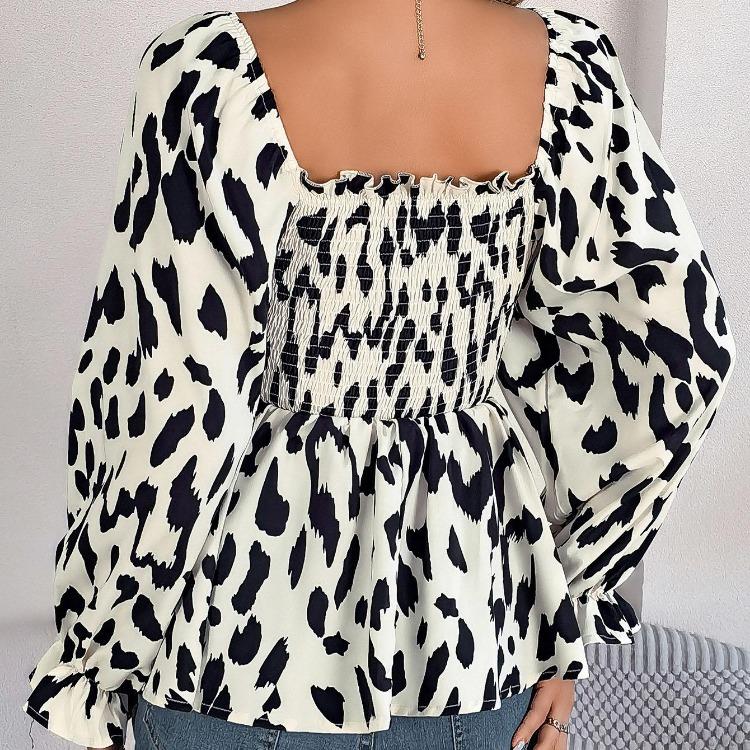 Women Long Sleeve Leopard Print Chiffon Blouse Streetwear Top Square Neck Tee Ladies T Shirt
