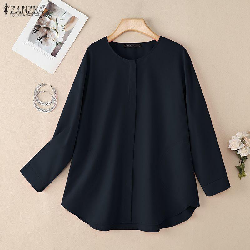 ZANZEA Women Casual Round Neck Solid Color Long Sleeve Loose Blouse