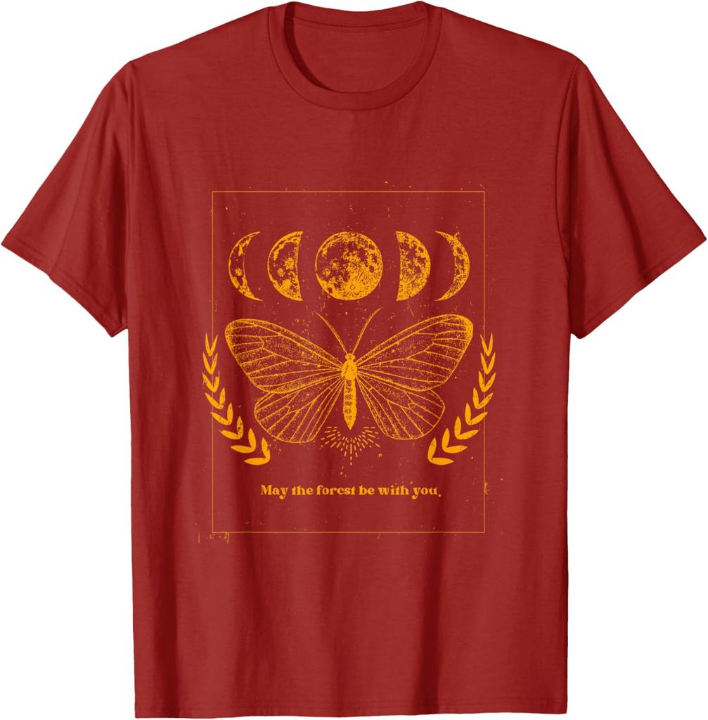 Celestial Butterfly Moon Phases Forest Wish Graphic Tee Casual Crewneck T-Shirt For Men
