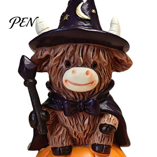 Halloween Party Supplies 2Pcs Highland Cow Witch Ornament, Resin Figurine with Hat Pumpkin Broom Fall Seasonal Displays & Skull, Cute Farmhouse