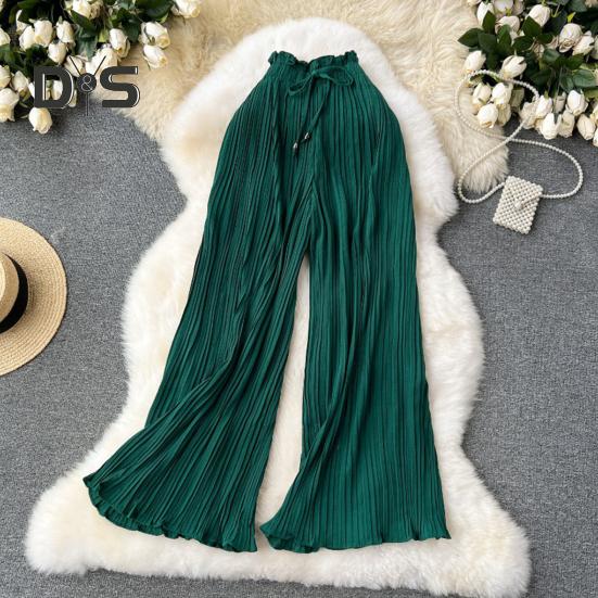 Pantaloni pentru femei cu talie înaltă elastică, cu șnur ajustabil, stil plisat, pantaloni largi, pantaloni casual de culoare solidă