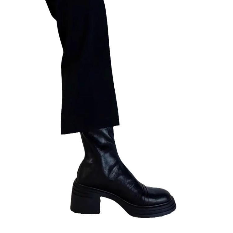 Lammfellversion~ Französisches Leder Plateau High-Heel Kurzstiefel Damen 2025 Herbst und Winter neu runde Spitze dicker Absatz elastische dünne Stiefel