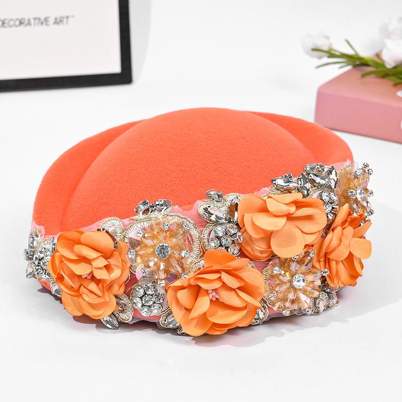 Women's Hat Retro British Style Handmade Flowers Diamond Wool Beret Autumn and Winter Style Flight Attendant Hat
