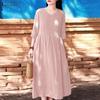 Women Casual Round Neck Solid Color 3/4 Sleeve Loose Dress
